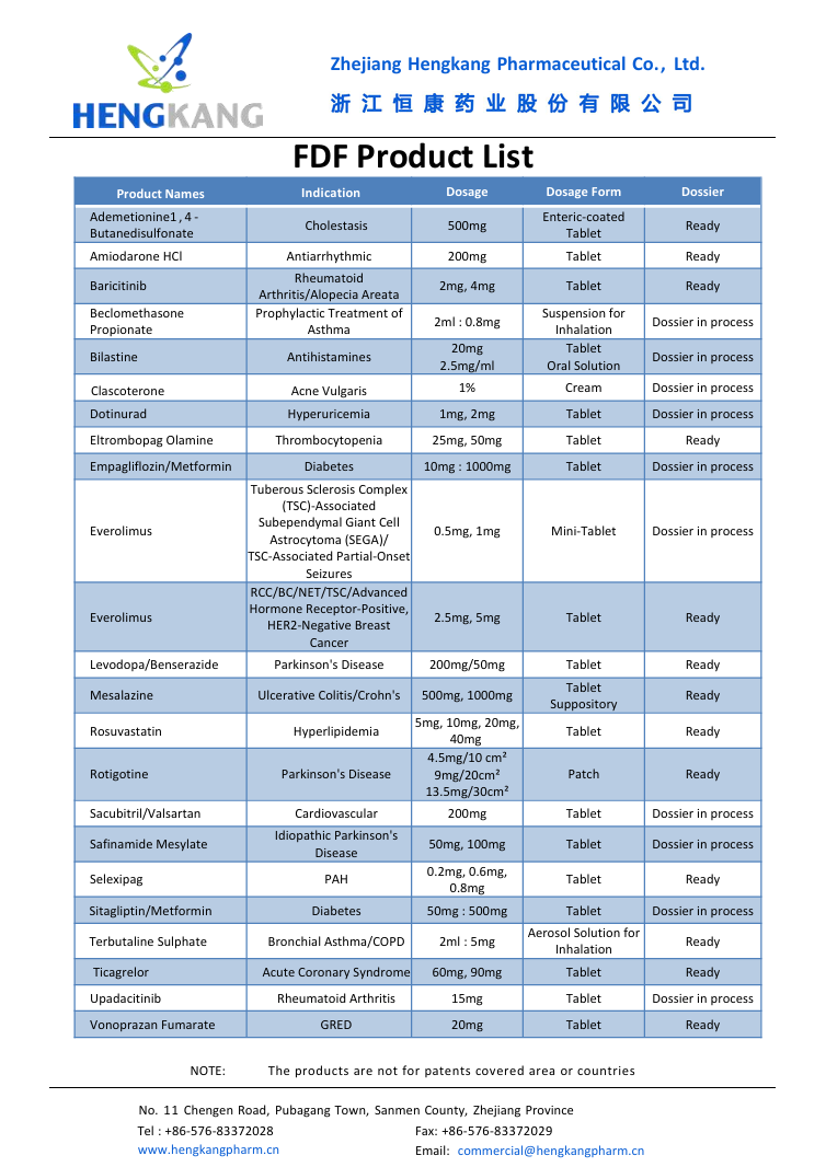 Hengkang Product List for FDF